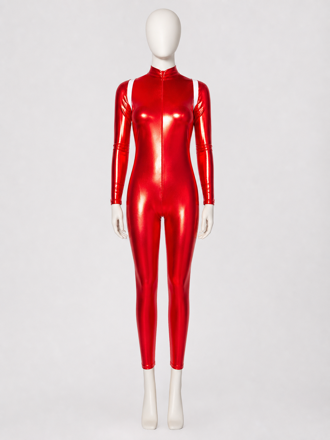 Red one-piece jumpsuit with a high collar