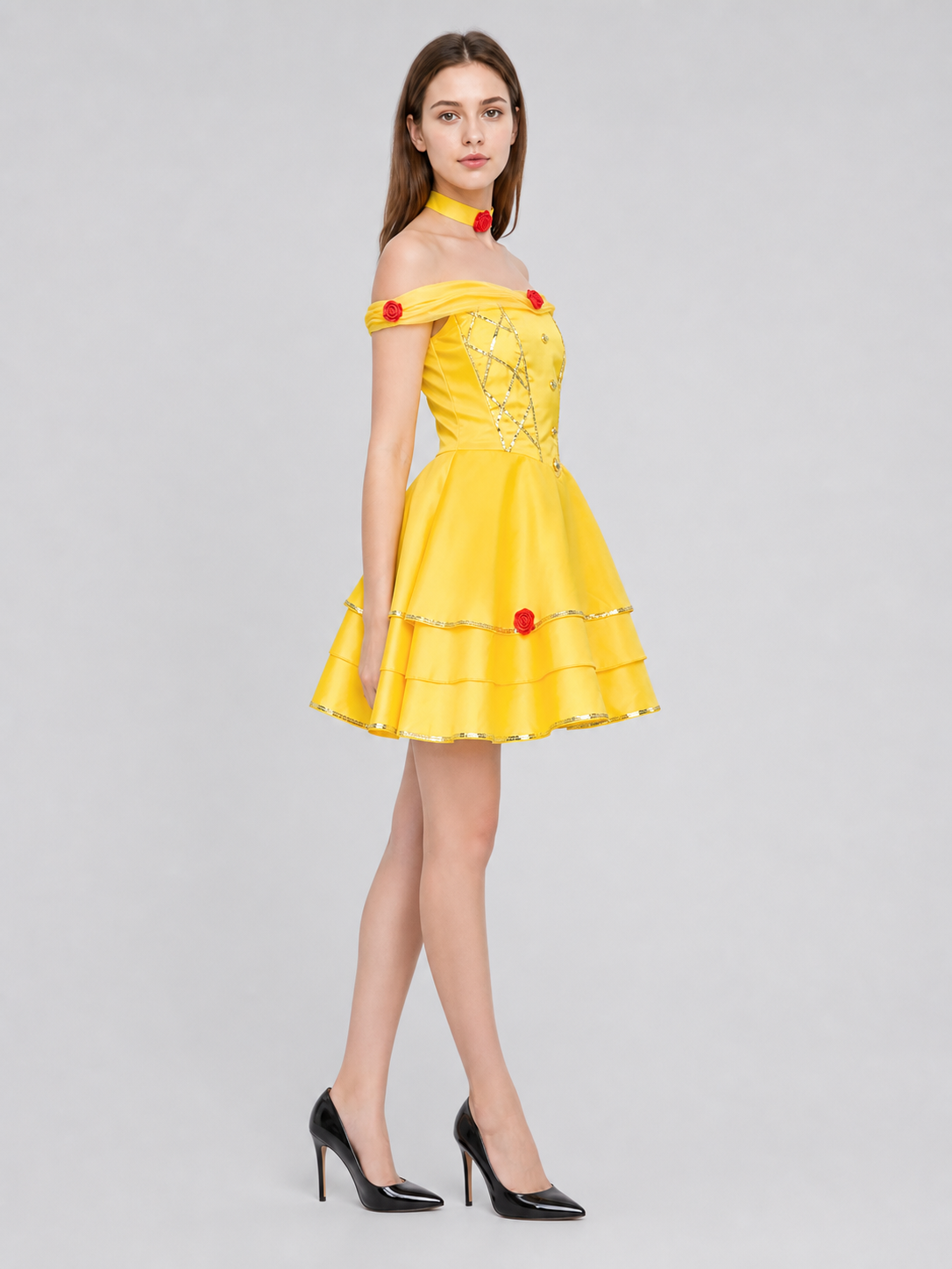 Belle Stage Dress with Roses and Gold Trim side view