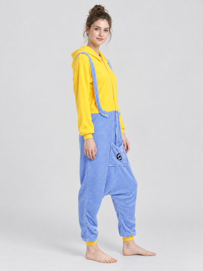 Yellow and Blue Flannel Hooded Pajama Jumpsuit