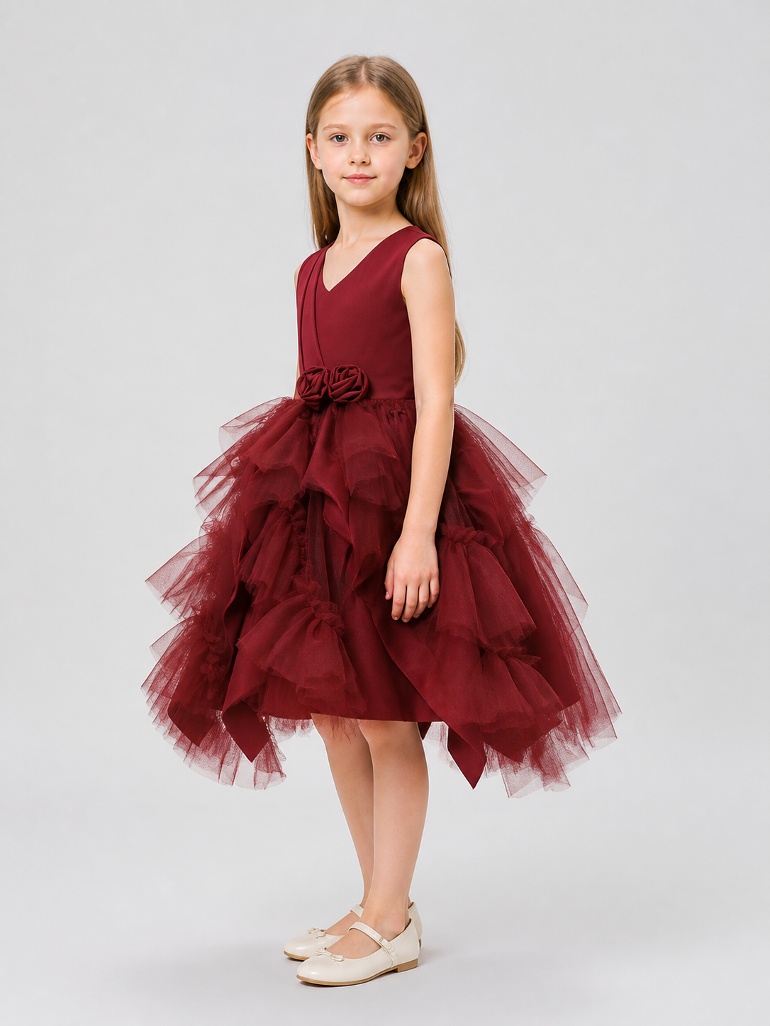Festive Girls’ Bubble Dress with a Rose and Tulle side view