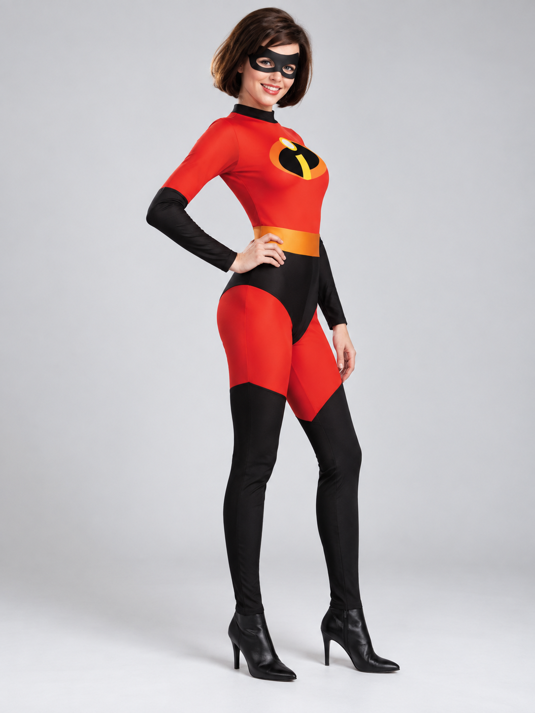 Red superhero costume with a yellow-orange belt and mask