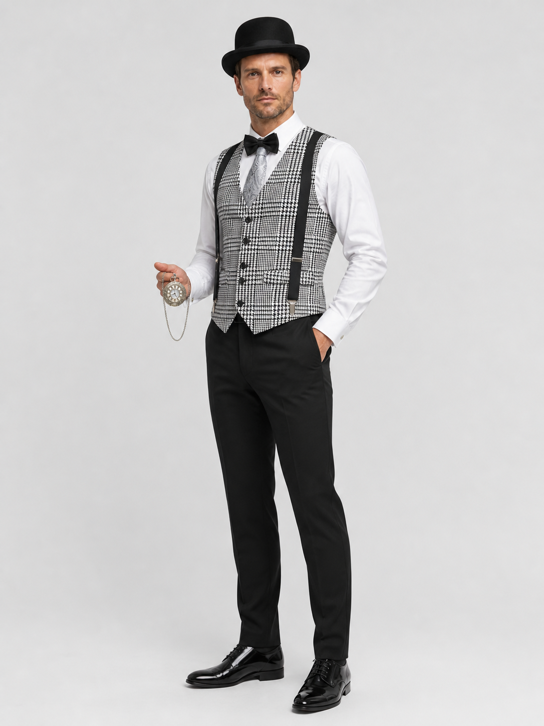 Set: Vest and Accessories, Black and White Houndstooth side view
