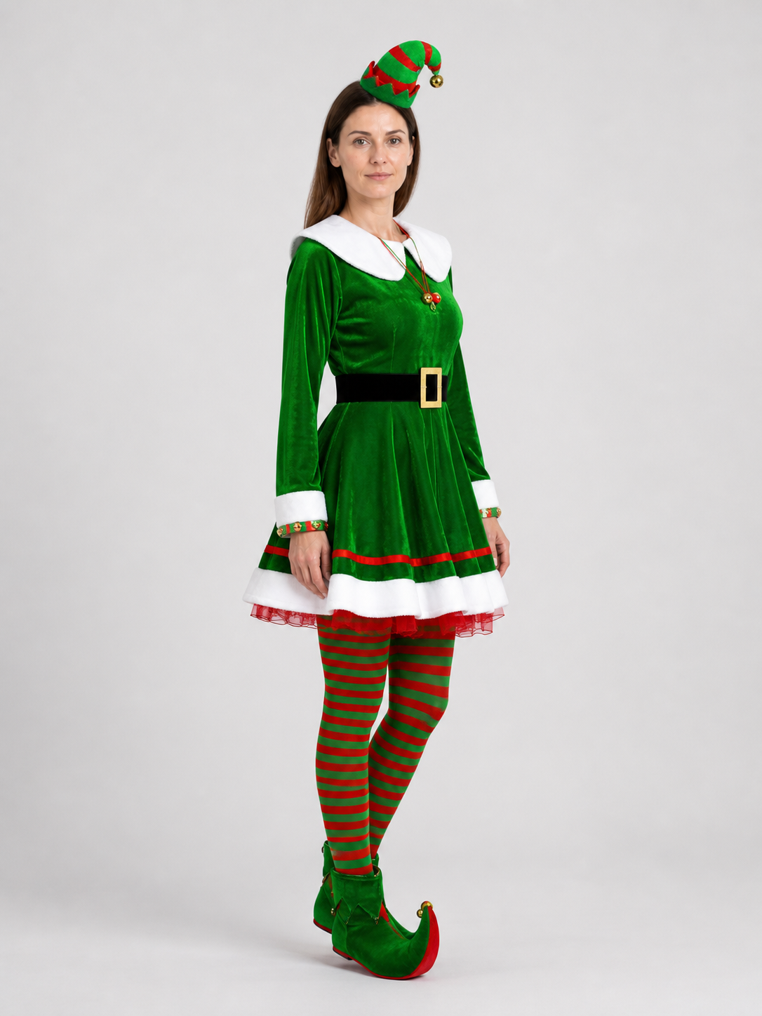 Christmas Elf Costume: Dress, Belt, Knee-High Socks, Hat side view