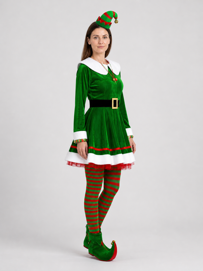 Christmas Elf Costume: Dress, Belt, Knee-High Socks, Hat side view