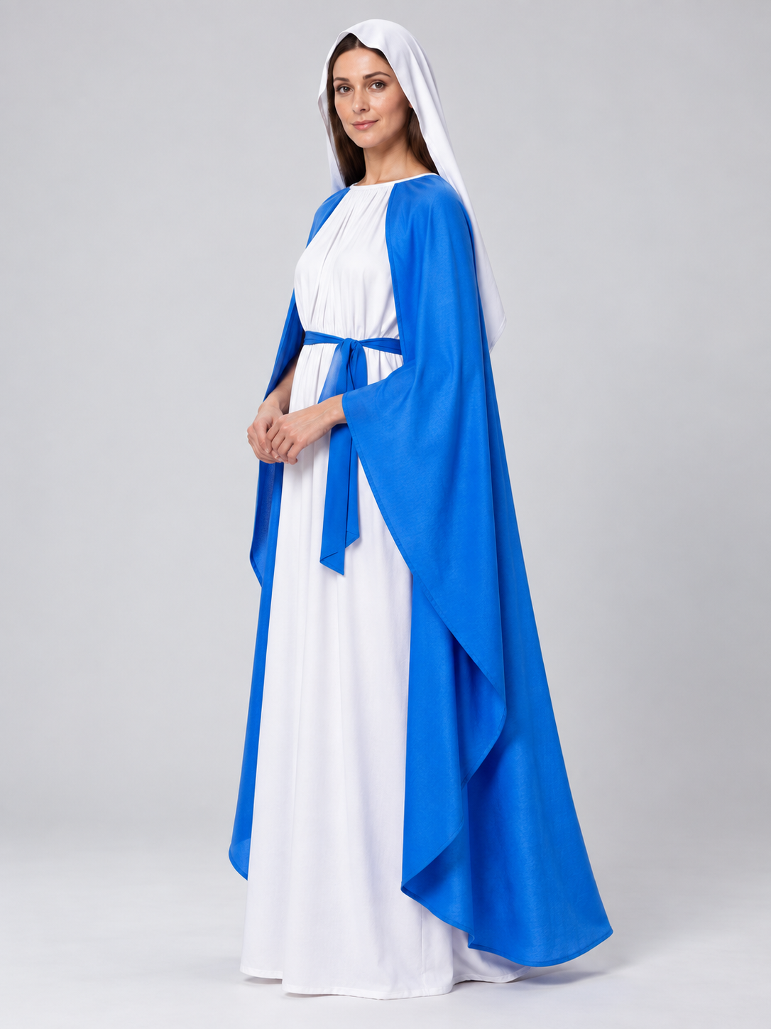 White and Blue Carnival Costume with Long Cape side view