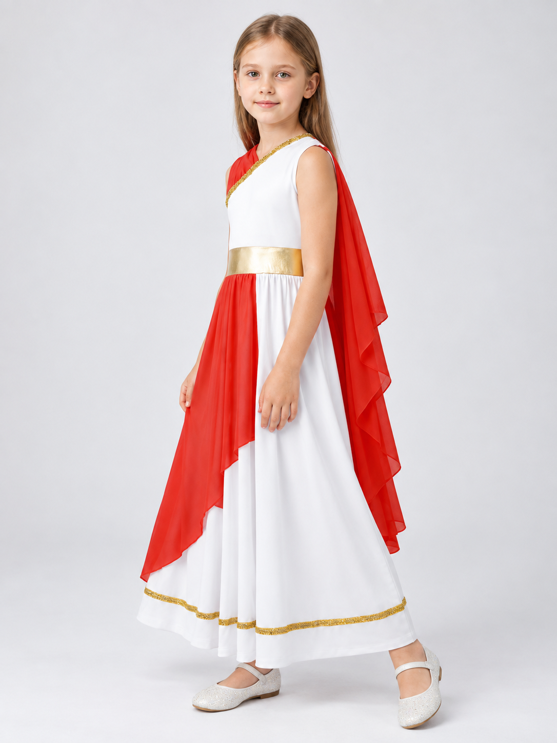 Carnival dress with a red cape and gold trim
