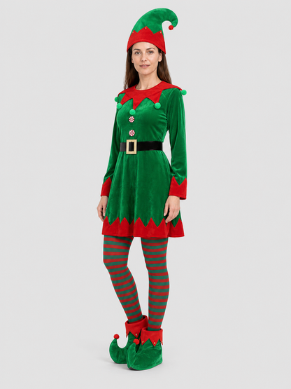 Christmas Elf Costume, Green Dress, Hat, and Belt side view