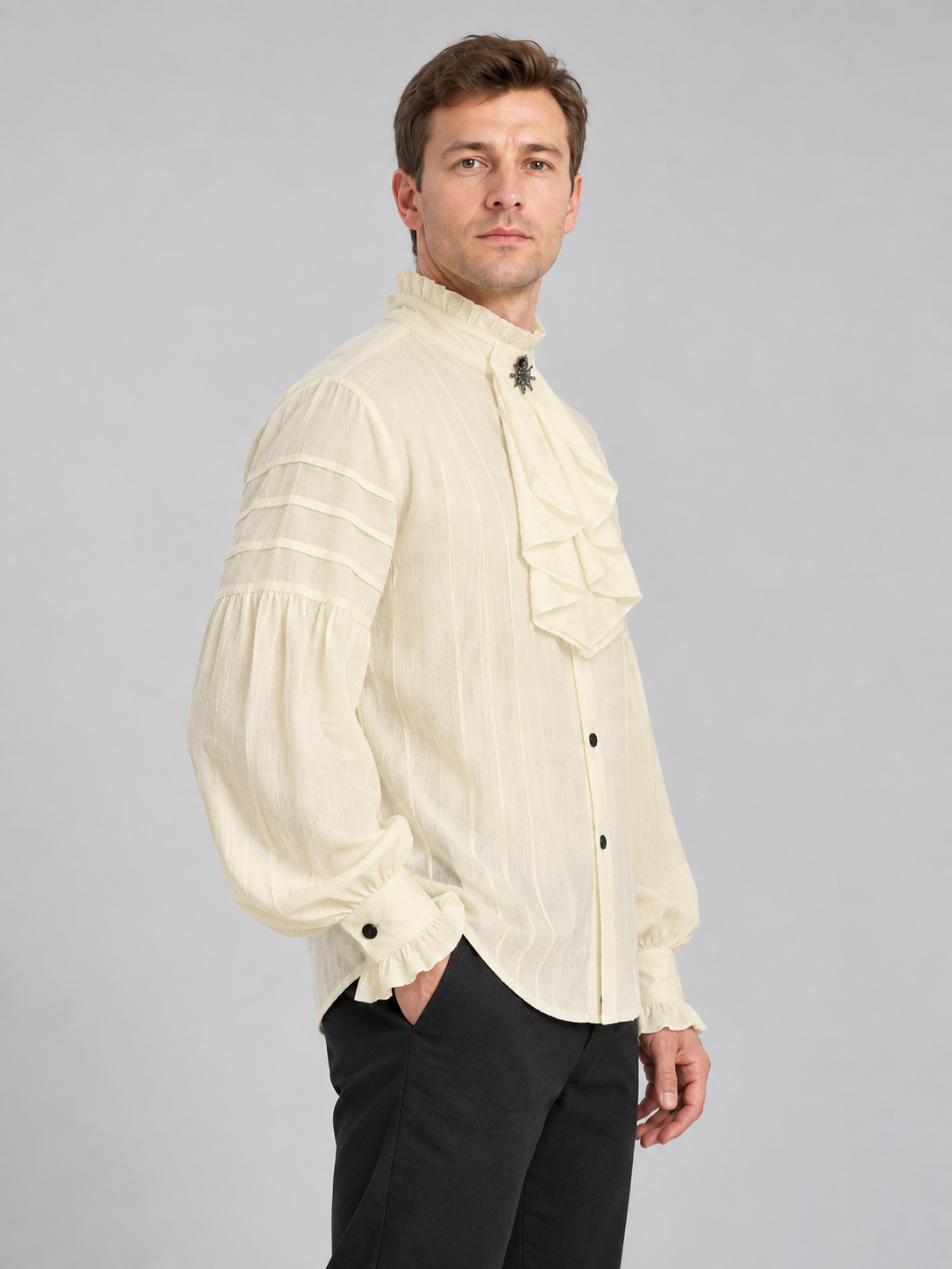 Beige Striped Button-Down Shirt with Jabot and Ruffles