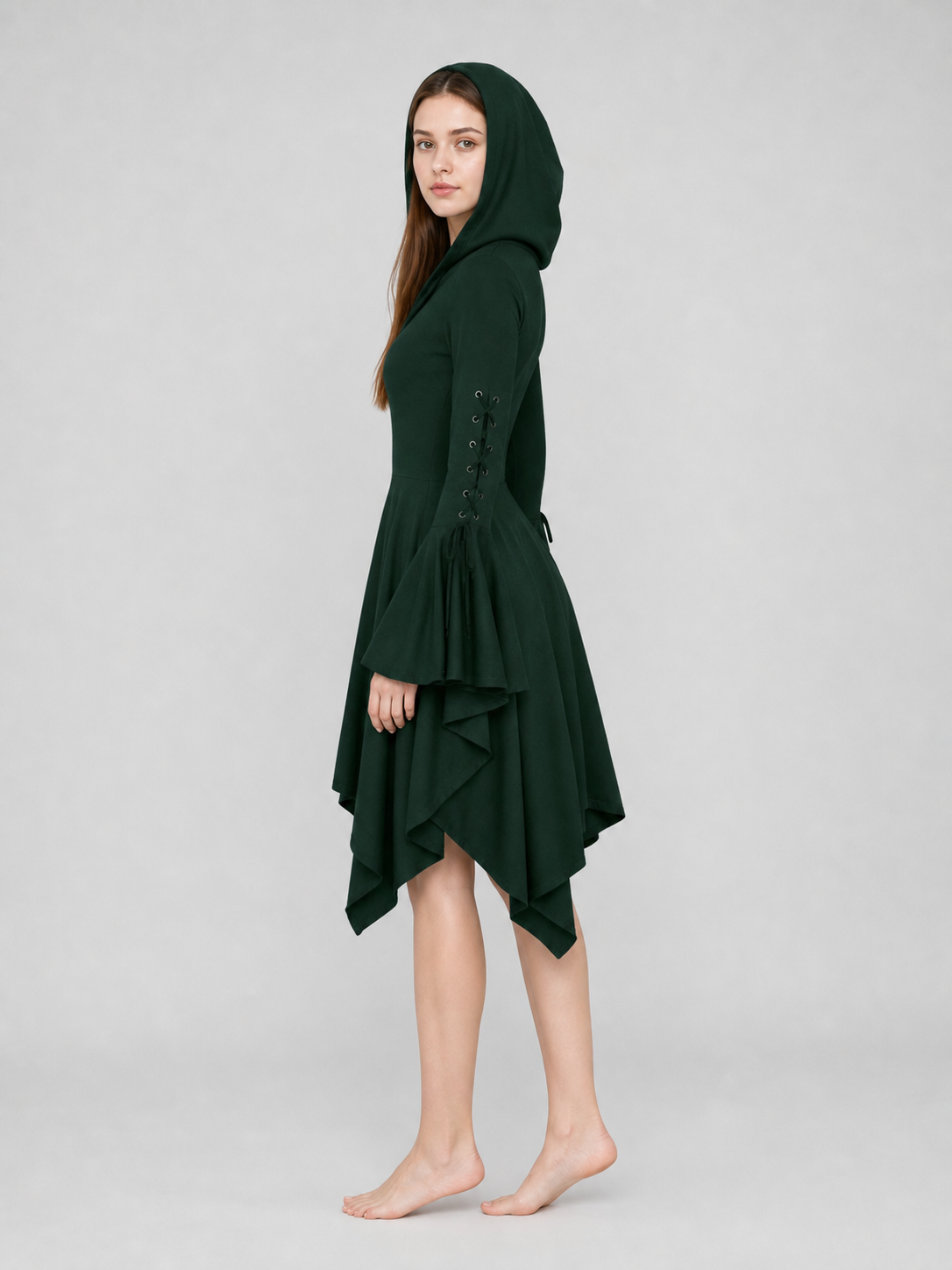 Gothic Hooded Dress with an Asymmetrical Hem