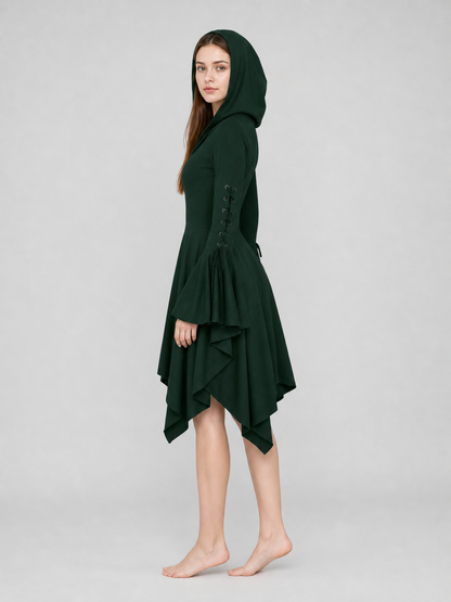 Gothic Hooded Dress with an Asymmetrical Hem
