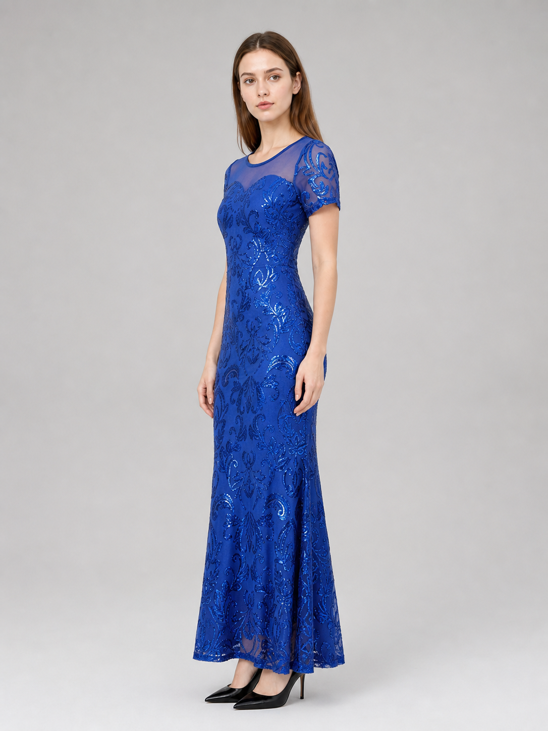 Blue evening dress with floral pattern and sequins