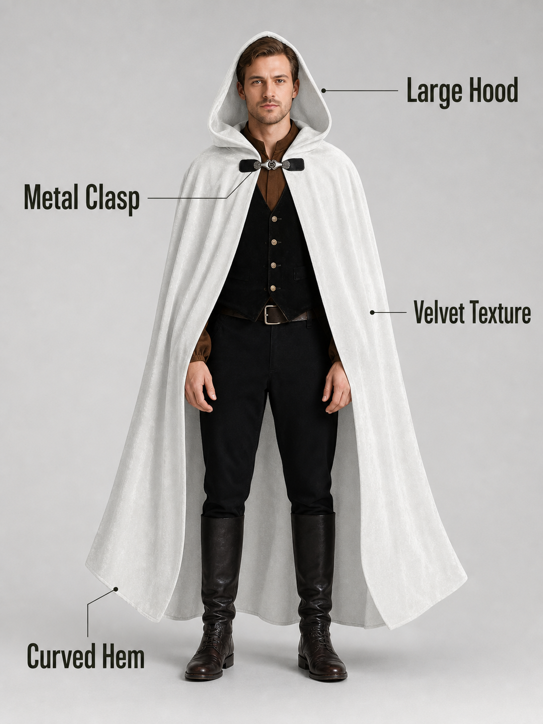 White medieval costume cloak with hood