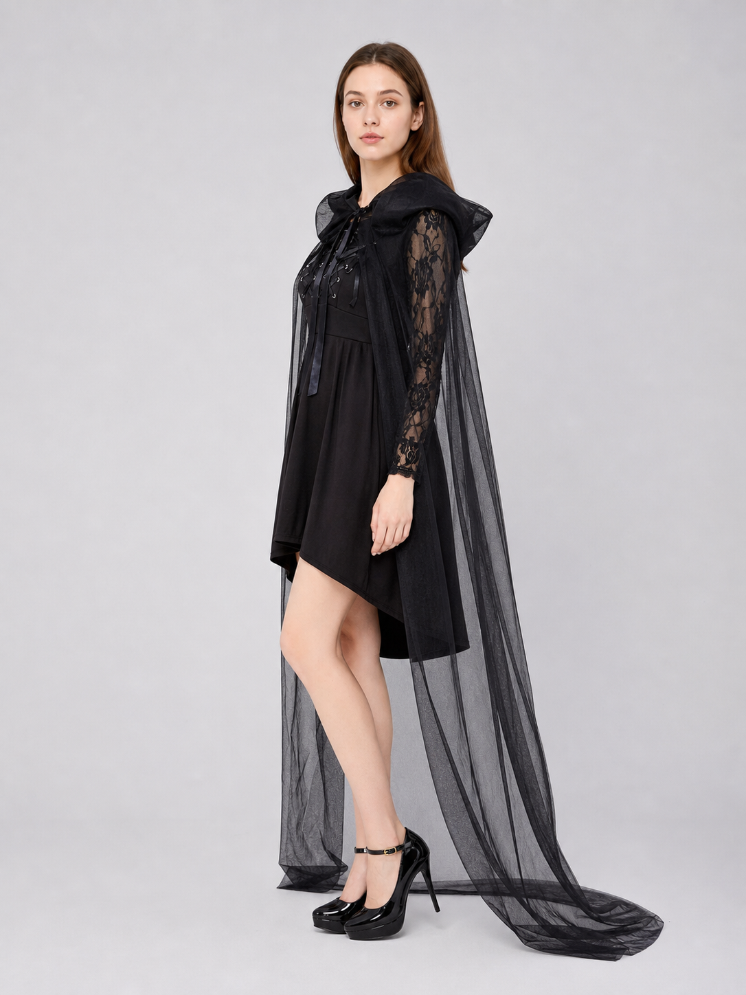 Gothic Costume with Hood, Lace, and Cape side view