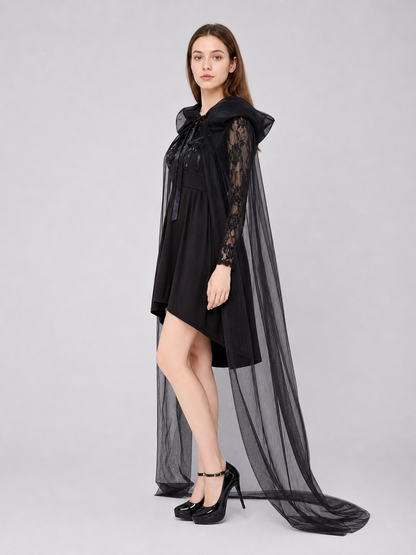 Gothic Costume with Hood, Lace, and Cape side view