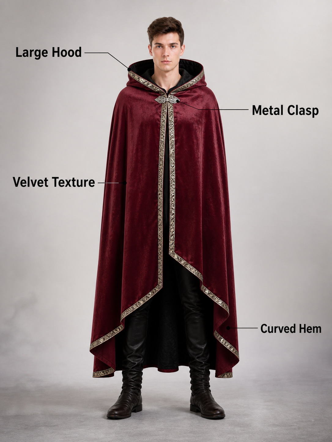 Burgundy velvet-look hooded costume cape product view 80