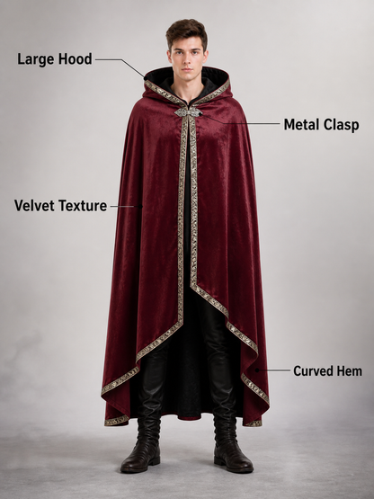 Burgundy velvet-look hooded costume cape product view 80