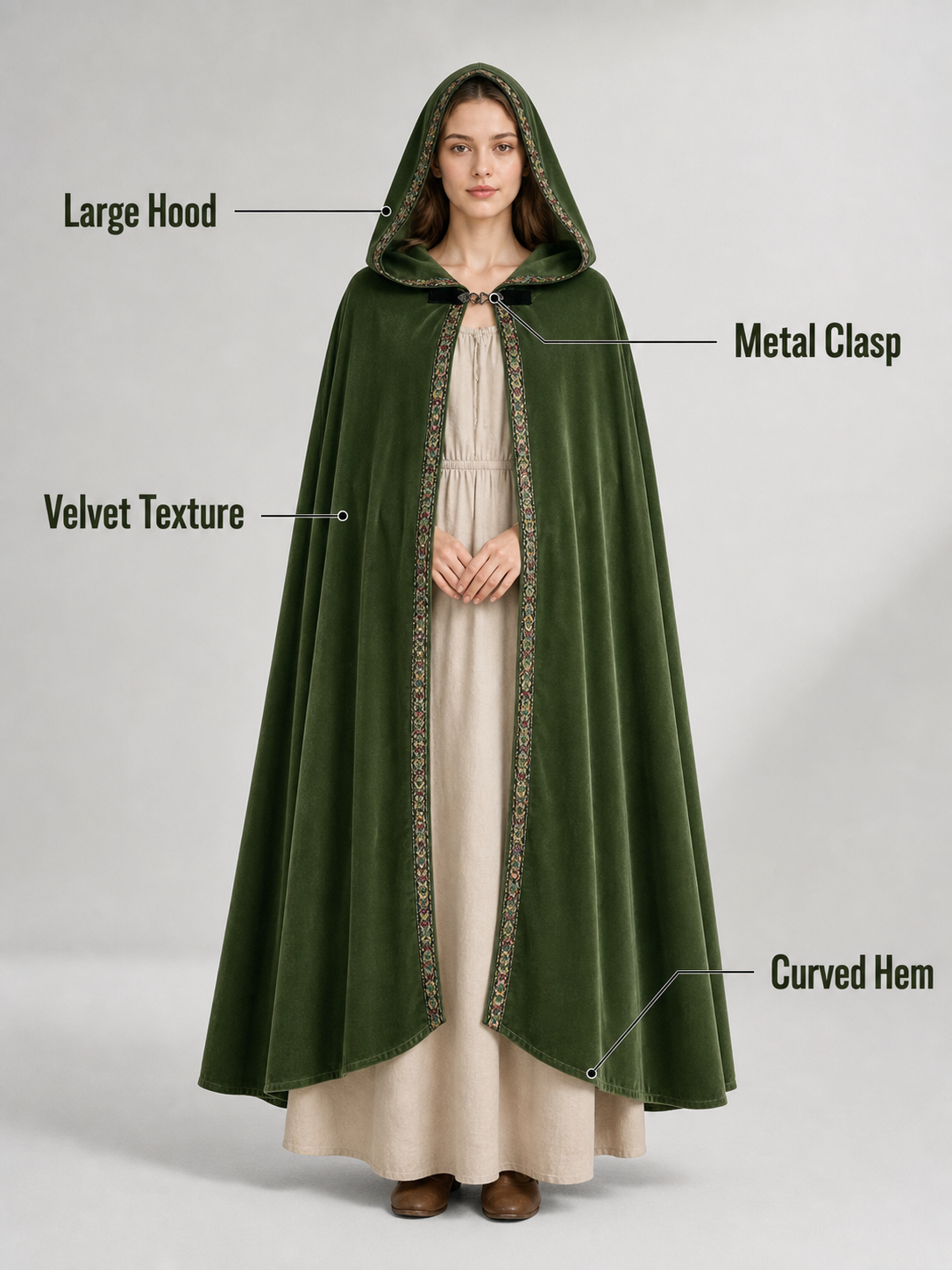 Green Carnival Cloak with Hood and Trim