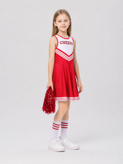 Red Girls' Cheerleading Dress with White Stripes side view