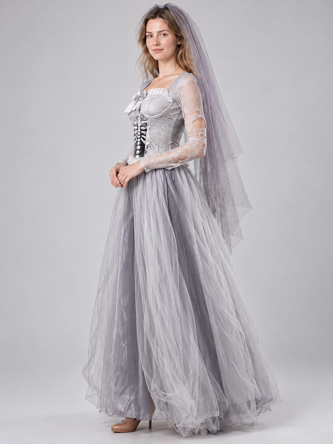 Skeleton Bride Costume with Gray Dress and Veil