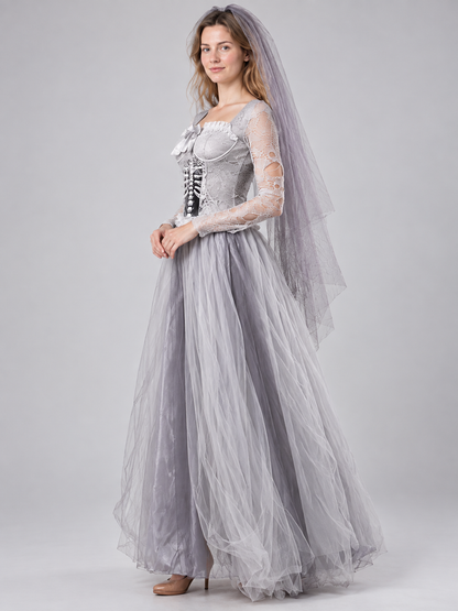 Skeleton Bride Costume with Gray Dress and Veil