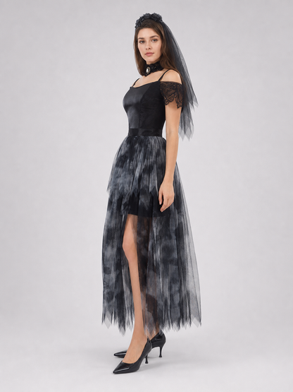 Gothic Cosplay Dress with Veil and Floral Details side view