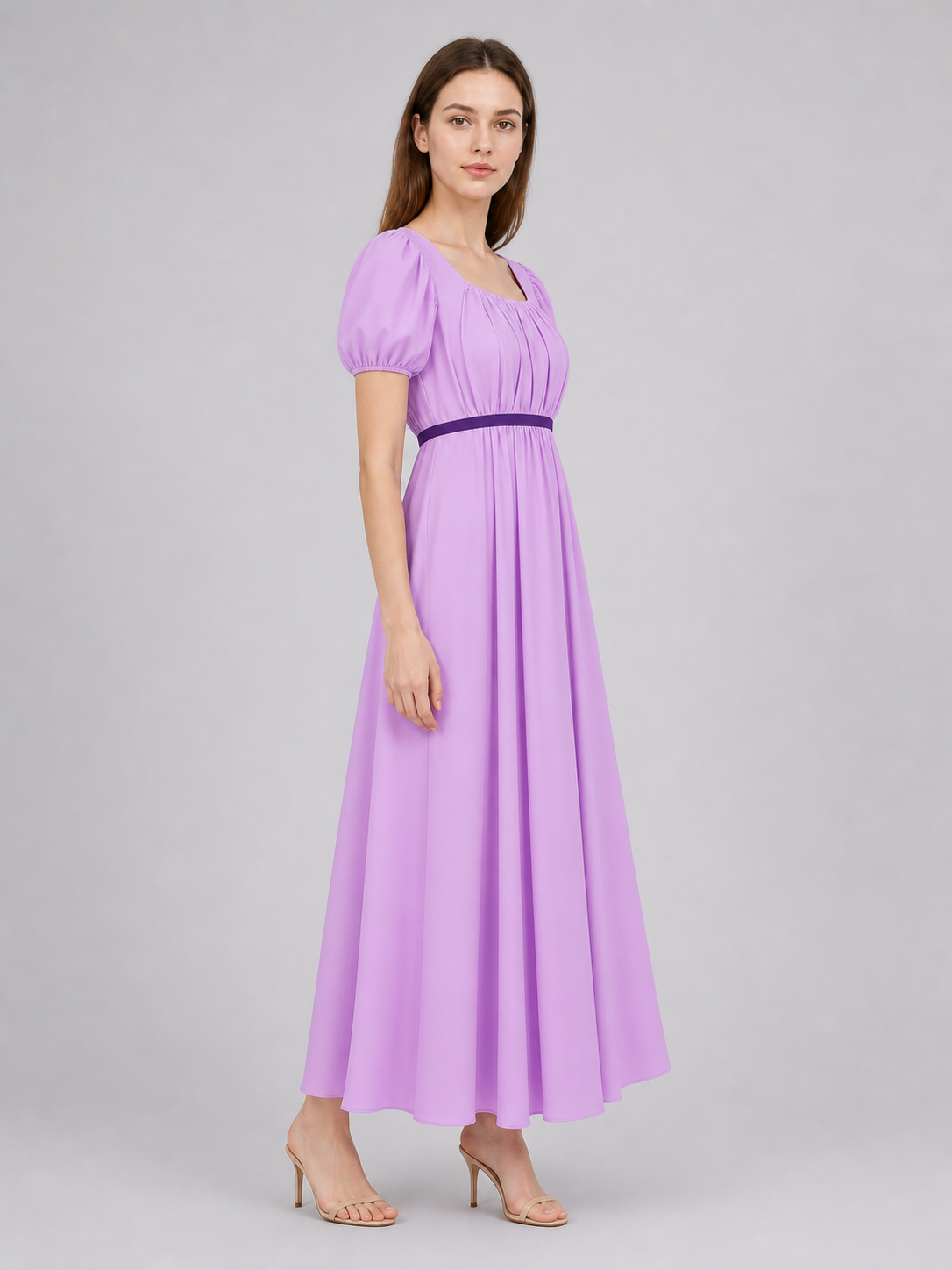 Regency-Style Dress with a Belt and Puff Sleeves
