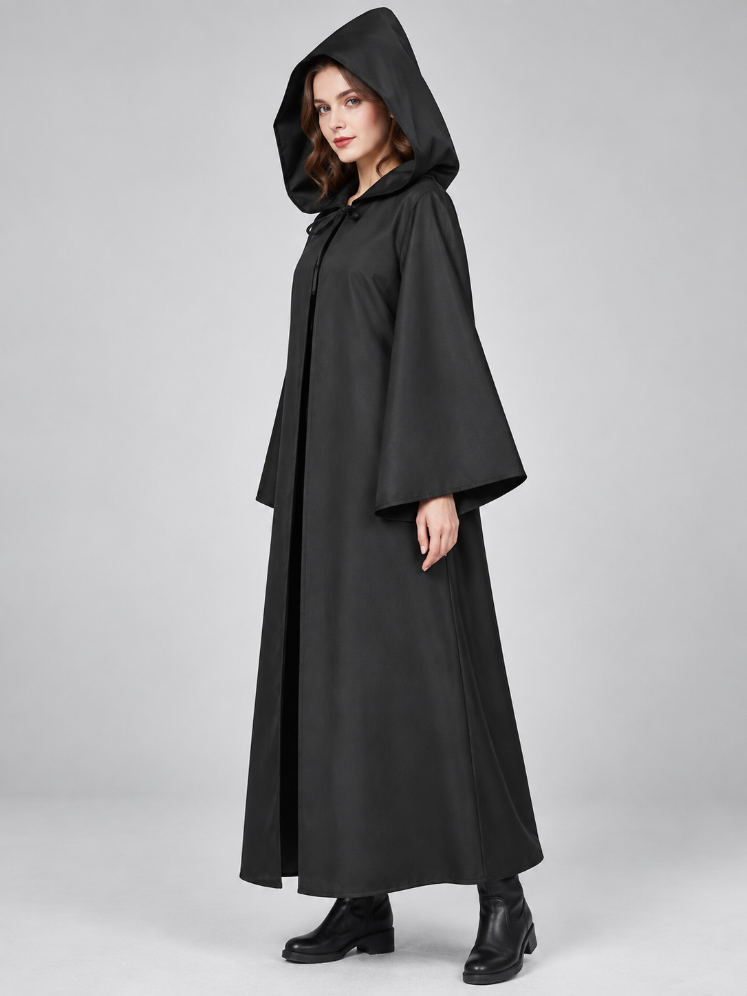 Carnival Cape with Hood Black Long Tie-Front