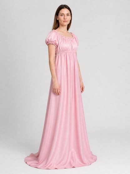 Pink Long Bridgerton Ball Gown with Puff Sleeves side view