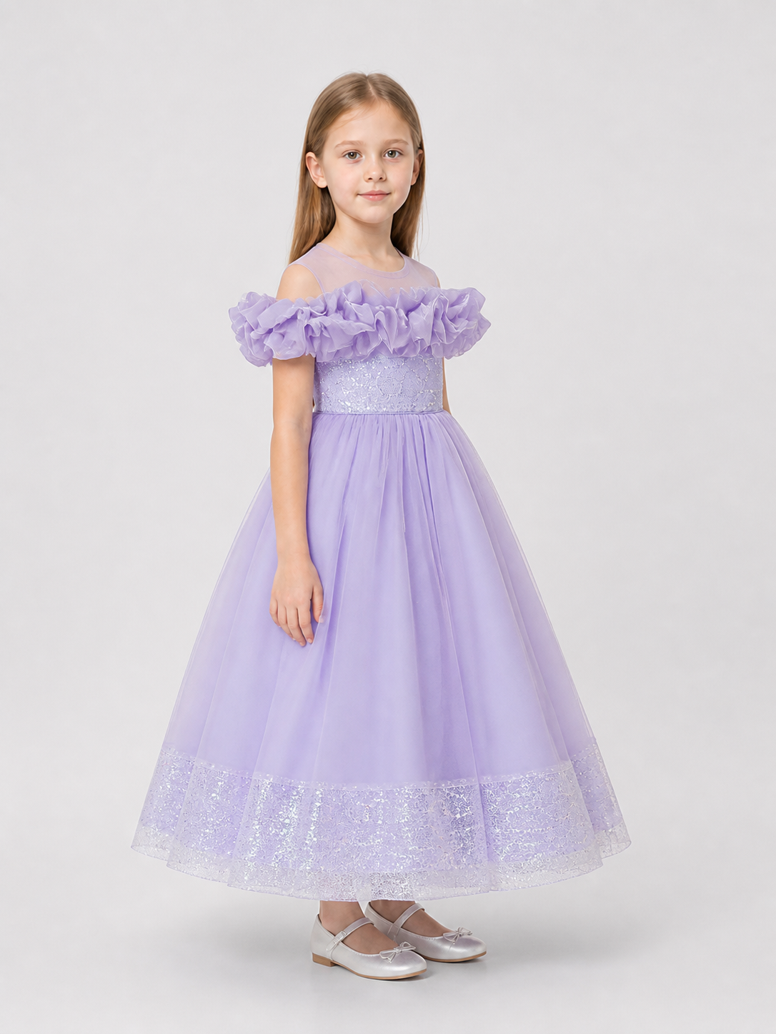Long, full-length dress made of sequin mesh fabric side view