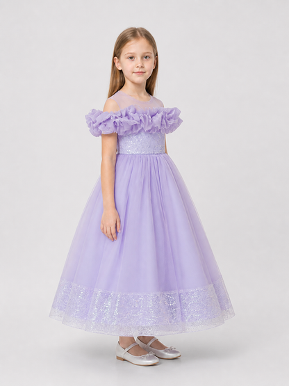 Long, full-length dress made of sequin mesh fabric side view