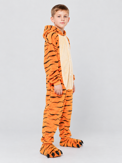 Kids' Pajama Jumpsuit Orange with Tiger Stripes