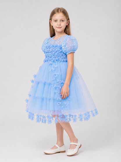 Girls' Dressy Party Dress with a Full Skirt and Flowers side view