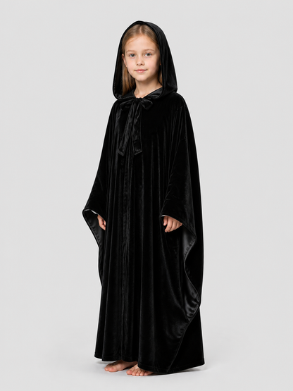 Black Hooded Halloween Cloak, Long and Loose-Fitting side view