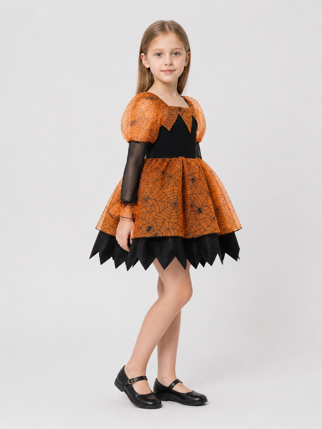 Orange and Black Princess Dress with Spiderweb Pattern