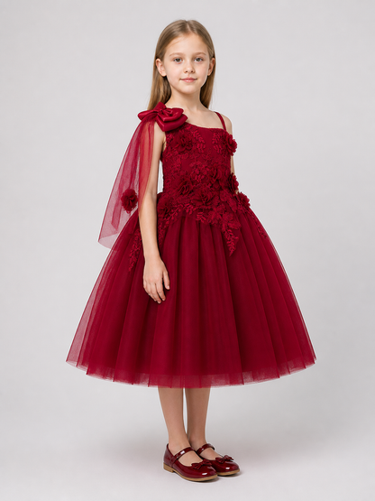 Full-Skirt Dress with Lace Bodice and Roses, Burgundy side view