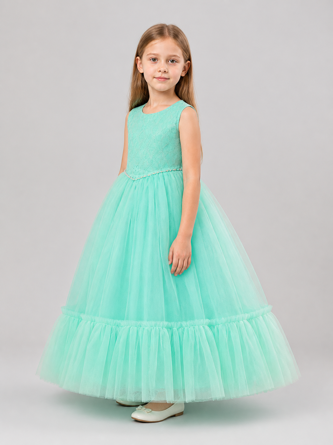 Full-Skirt Dress with Lace Bodice, Ruffles, and Belt side view