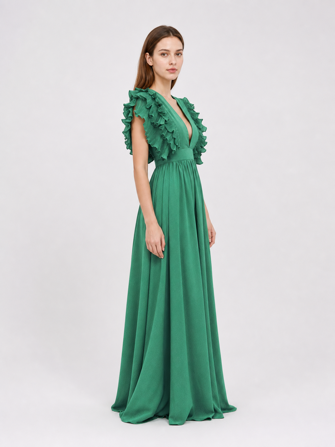 Emerald Green Maxi Dress with a V-Neckline