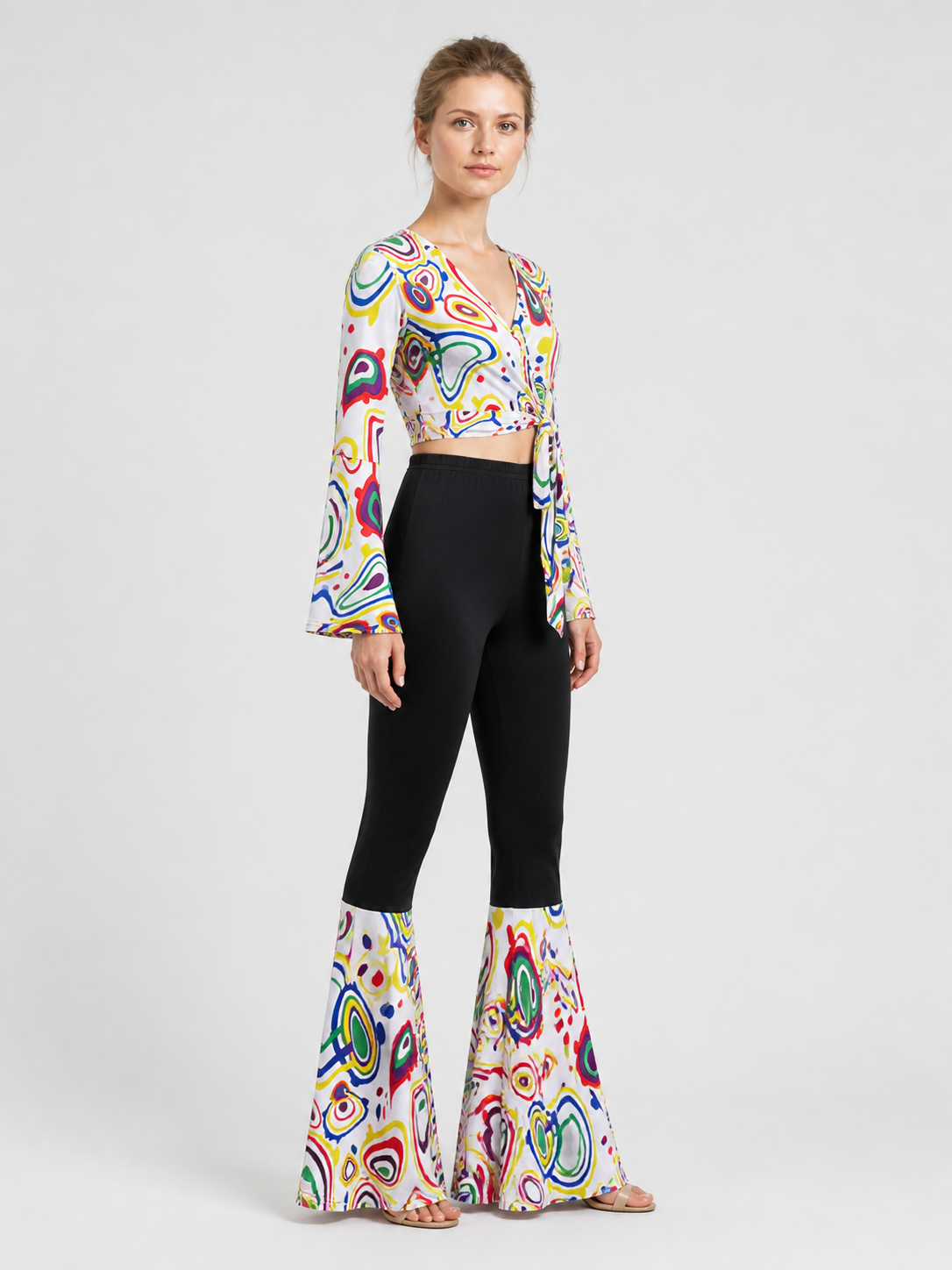 Retro Disco Costume: Wrap Long-Sleeve Top and Flared Pants side view