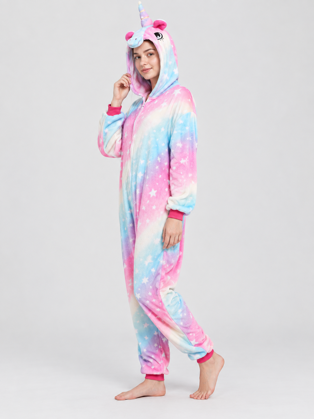 Hooded pajama jumpsuit with a horn and ears