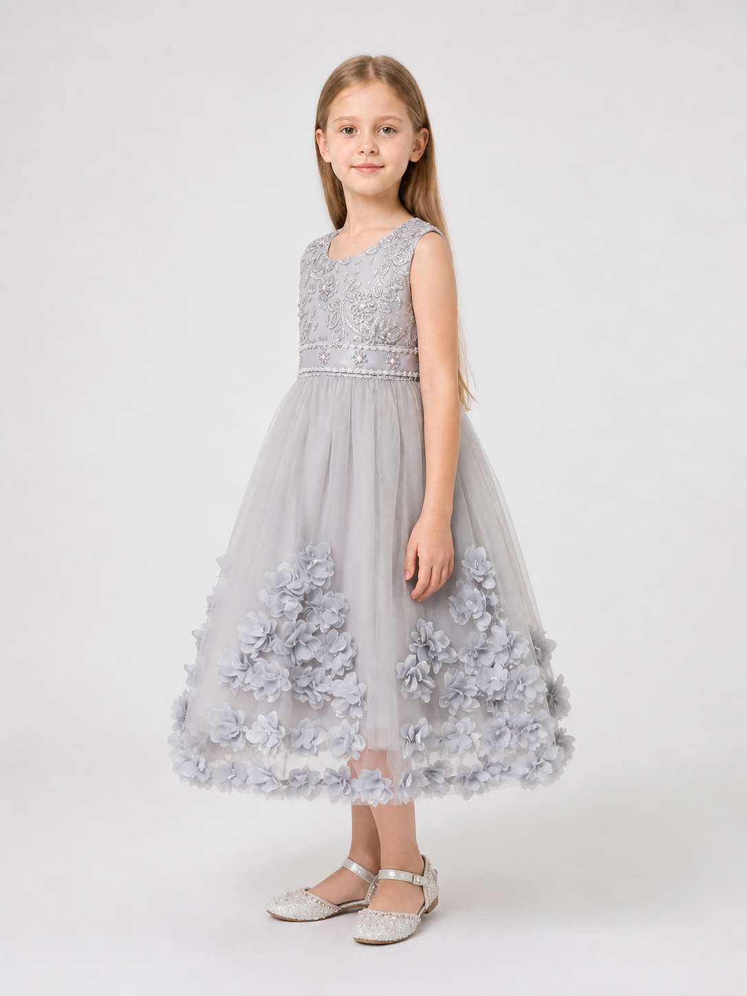 Girls’ Dressy Embroidered Dress with Flowers and Full Skirt side view