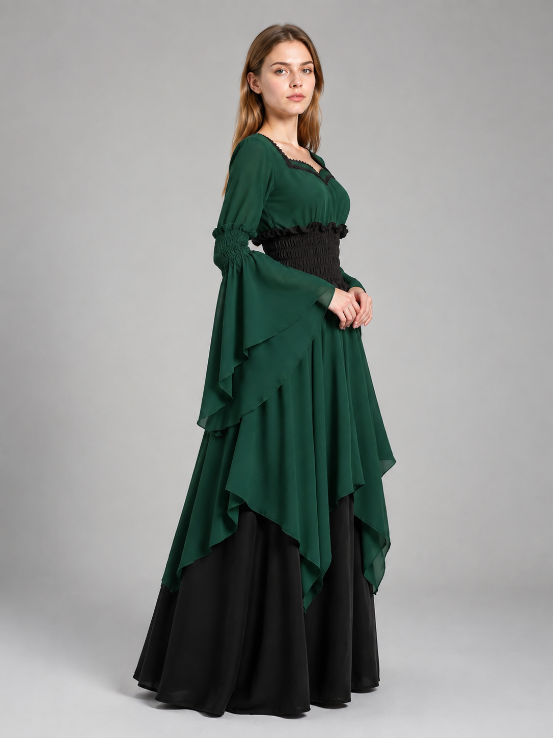 Layered Dark Green Dress with Flared Sleeves side view