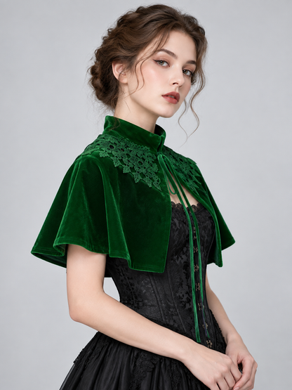 Green Velvet Capelet with Lace and High Collar