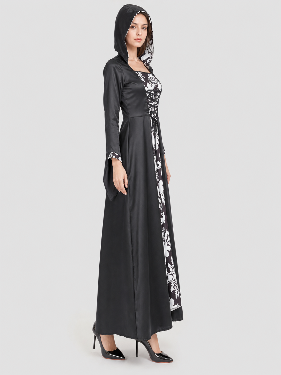 Black-and-White Gothic Hooded Dress side view