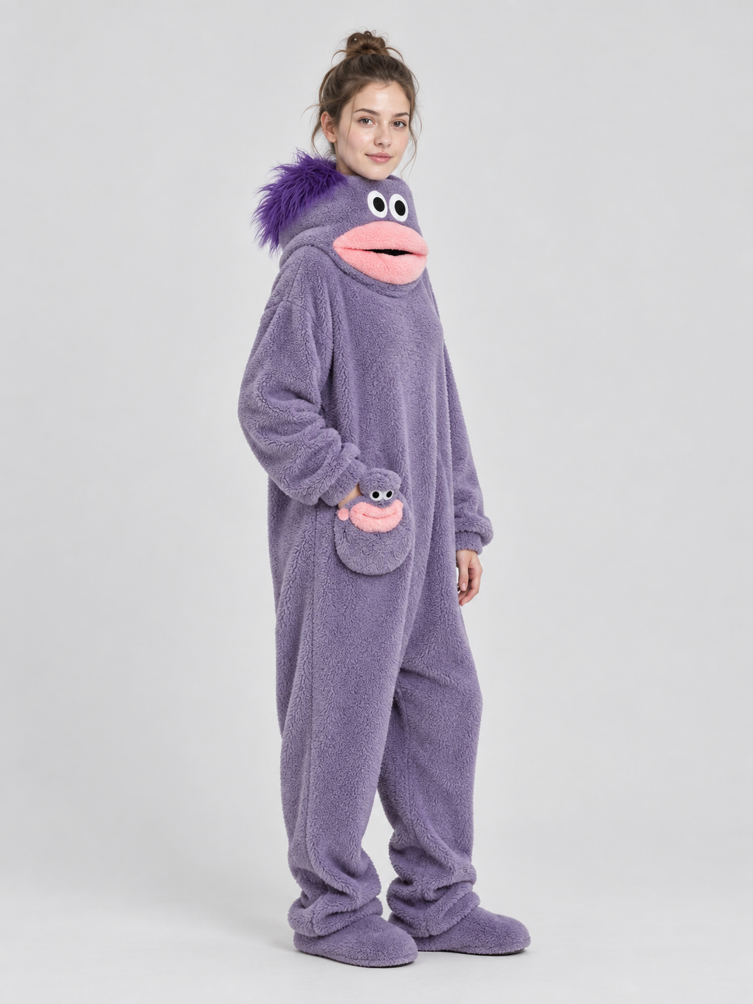 Insulated purple pajama jumpsuit with puffy eyes
