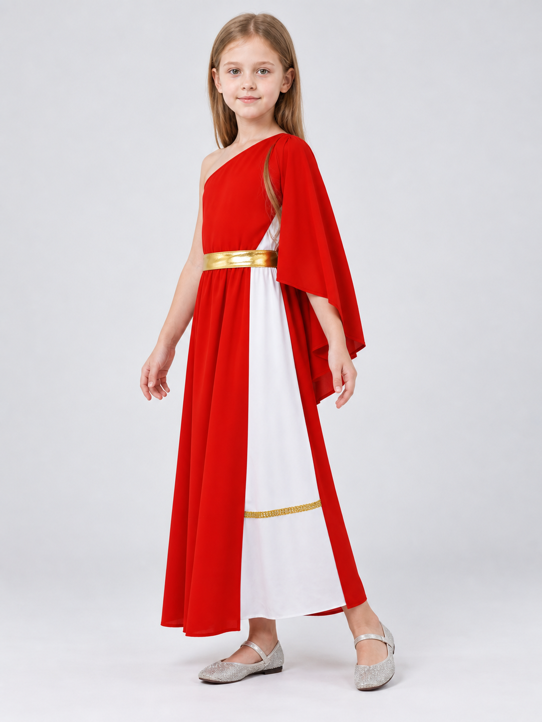 Asymmetrical dress with white inset and gold belt
