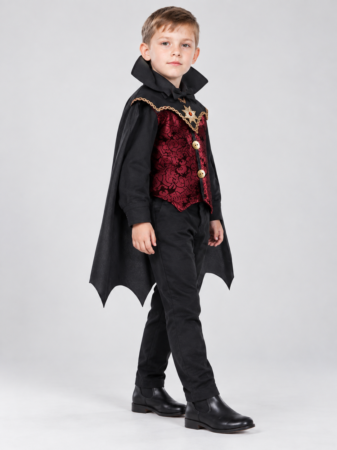 Kids' vampire carnival costume, burgundy vest, cape