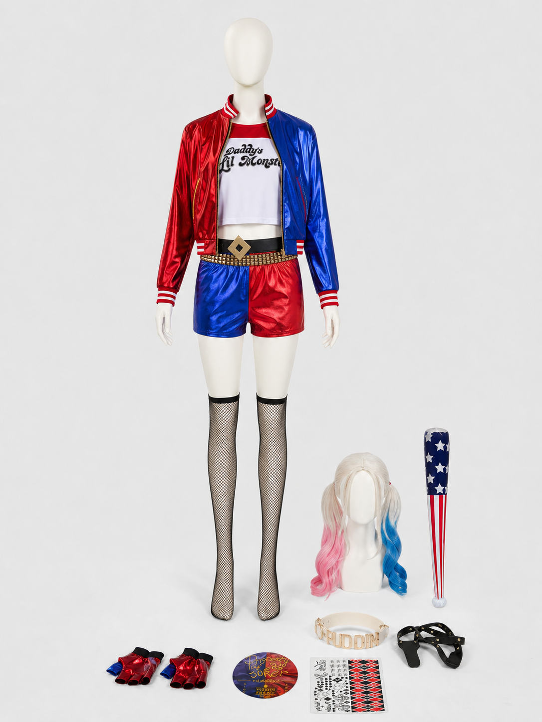 Harley Quinn cosplay costume with wig and accessories side view