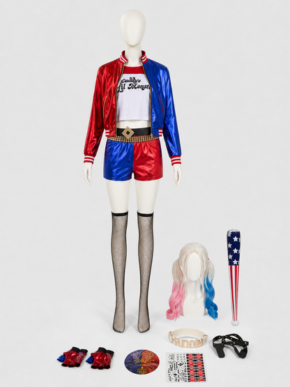 Harley Quinn cosplay costume with wig and accessories side view