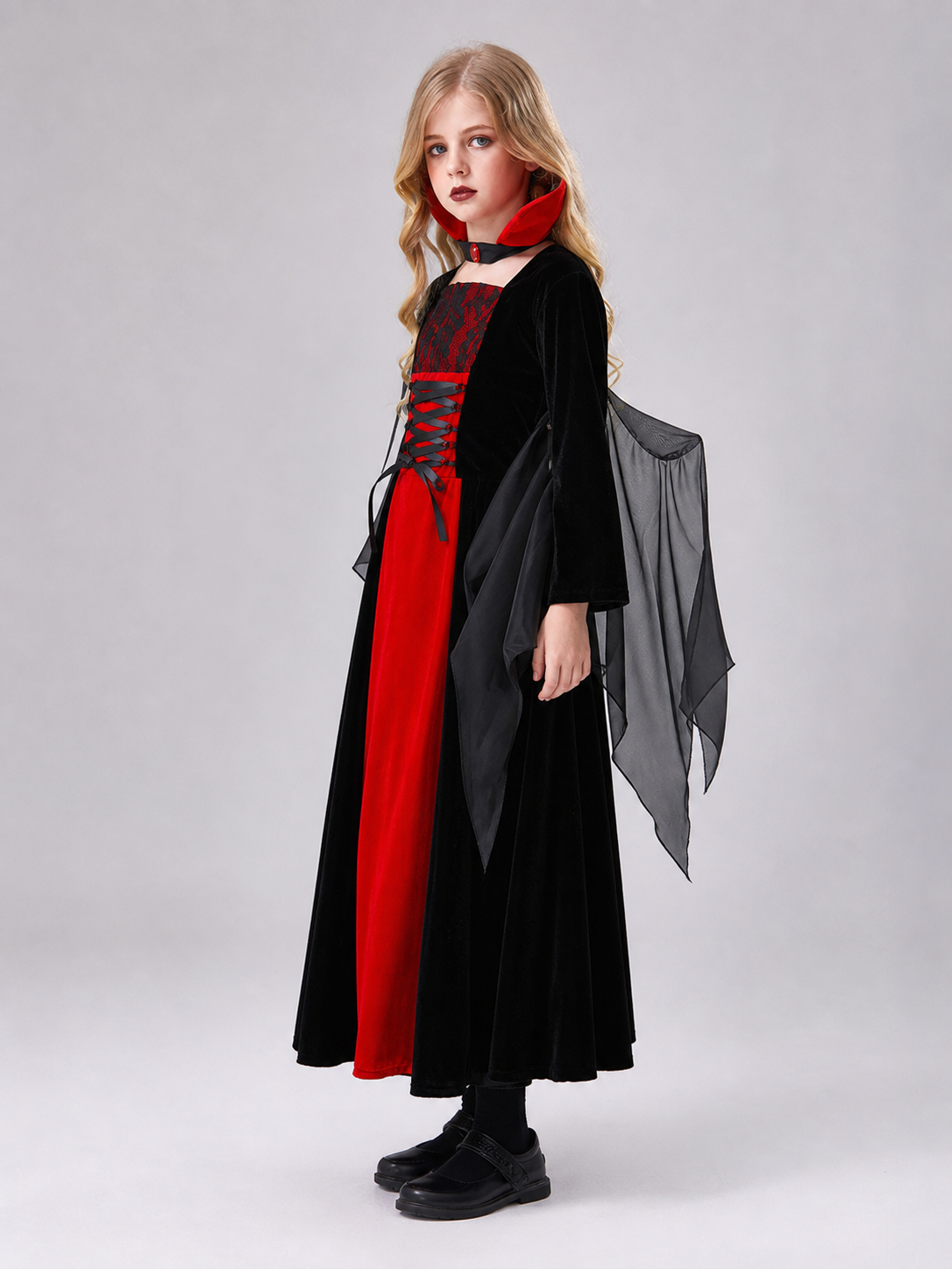 Halloween vampire costume with long dress and cape