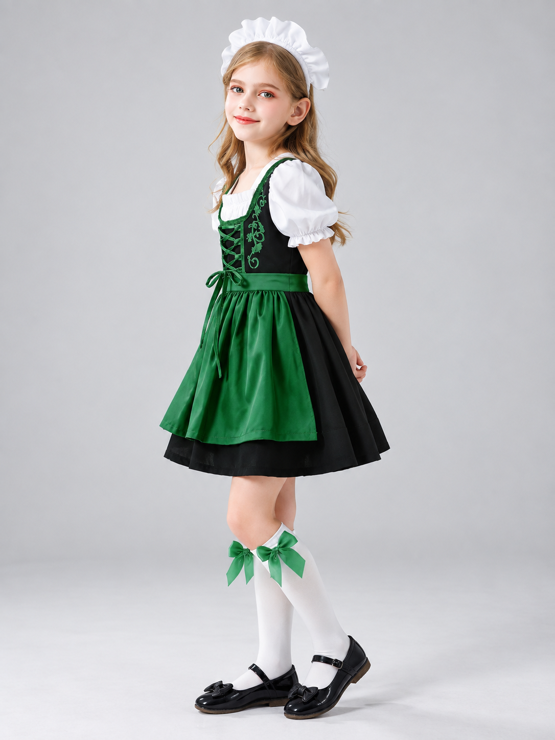 Kids' Dirndl-Style Costume in Green with Apron and Socks
